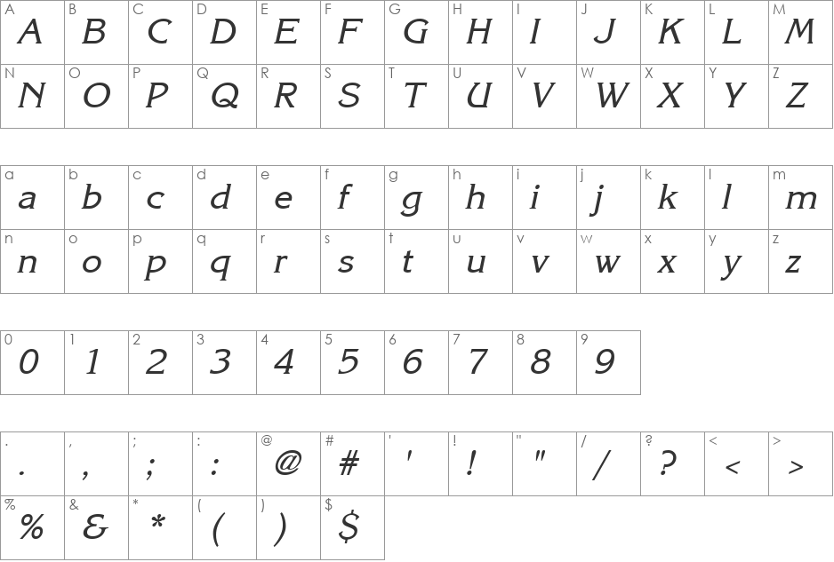 Kane font character map preview