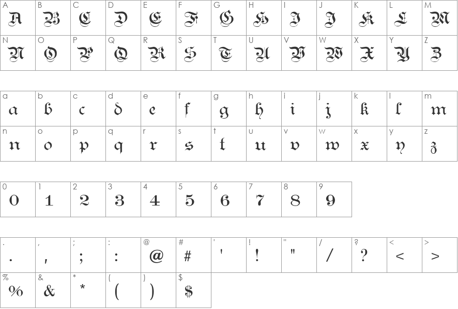 KanzleiLight font character map preview