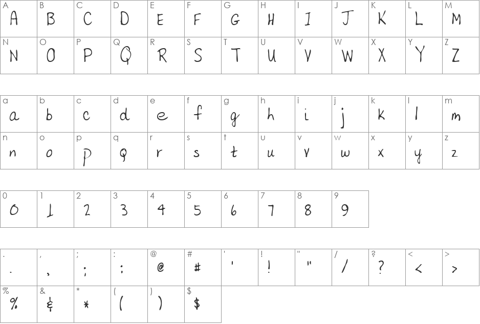 KarensHand font character map preview