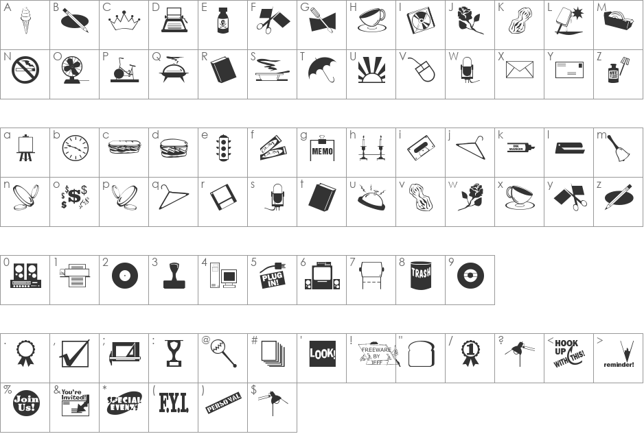 ArtsyParts Din1. font character map preview