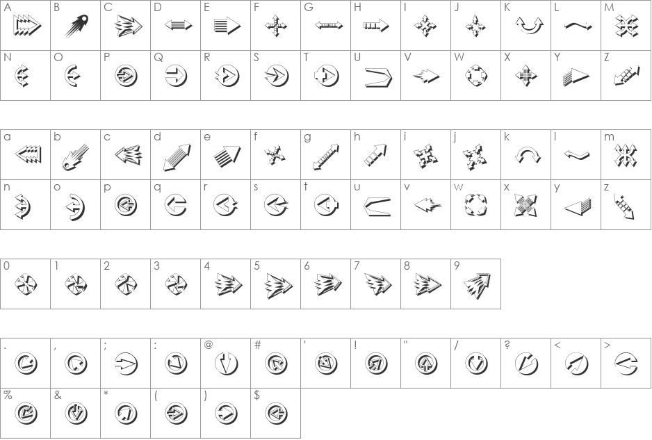 KArrowsShadow font character map preview
