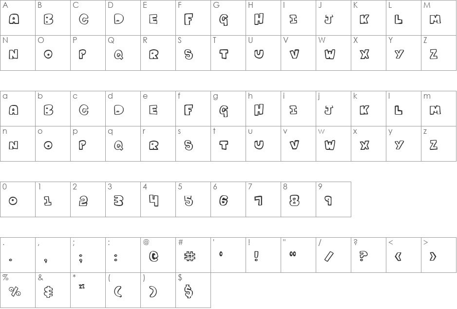 Kartoons Italic font character map preview