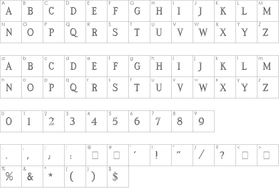 Artworld MN font character map preview