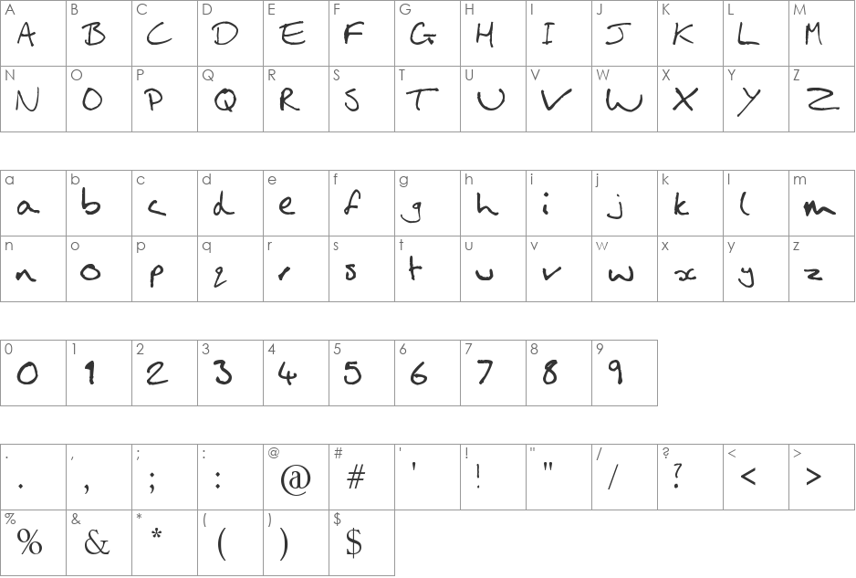 KatyHandwriting font character map preview