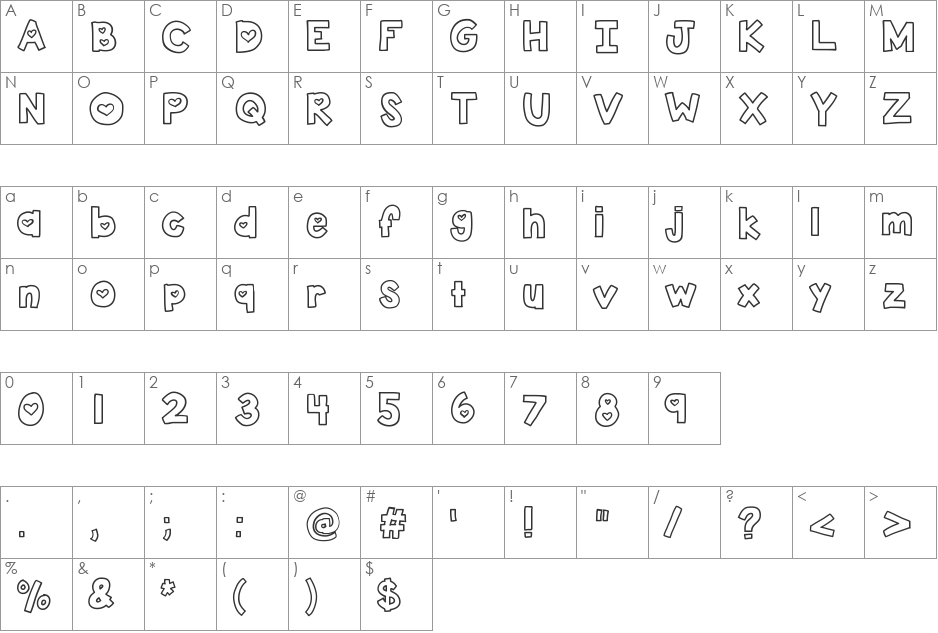 KBTwoLovers font character map preview