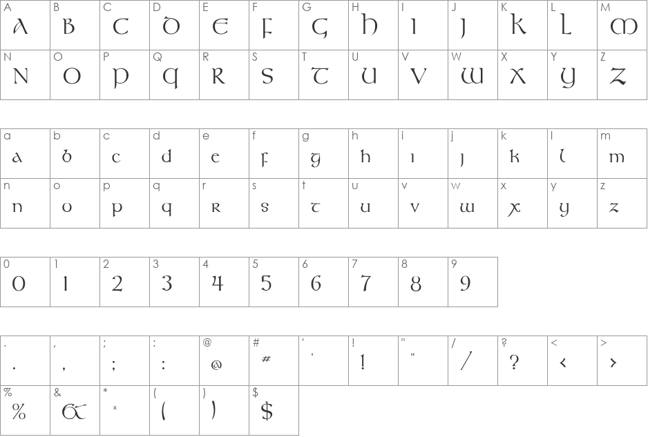 KellsFLF font character map preview