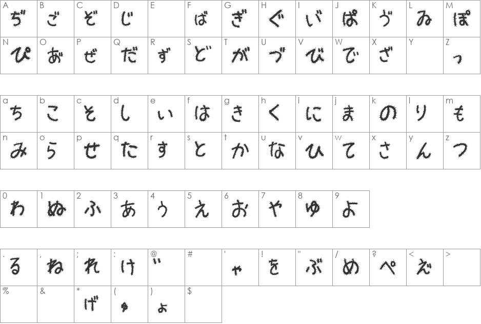 Kemushi_Hira font character map preview