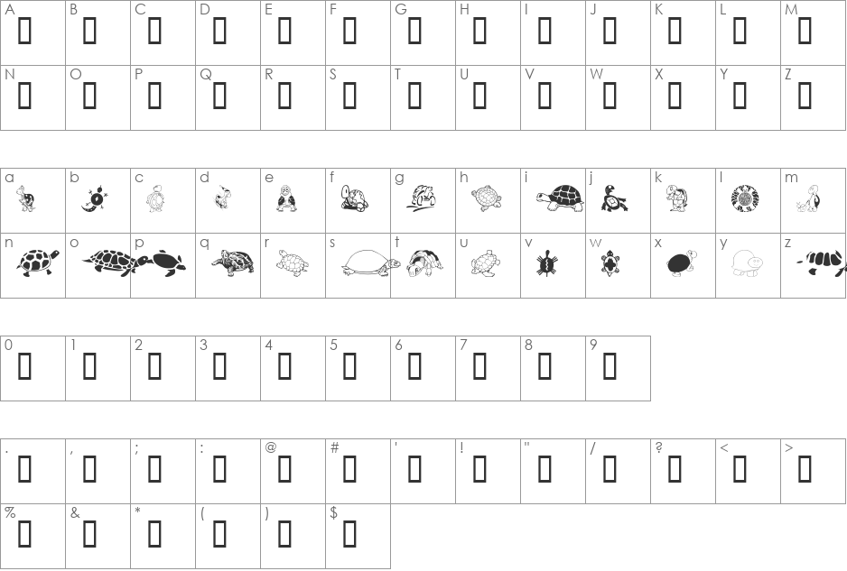 Keya's Turtles font character map preview