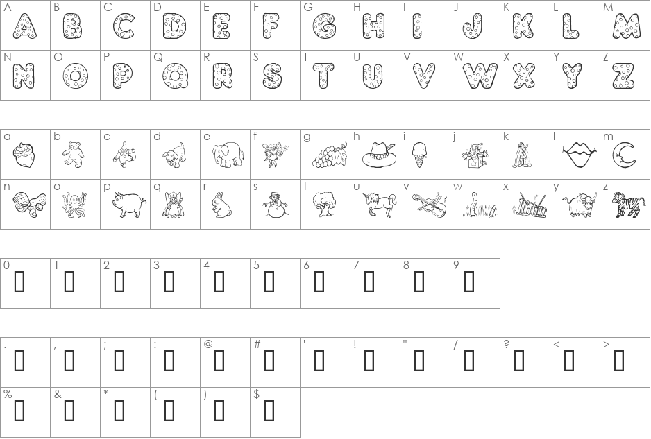 KG ABCs font character map preview