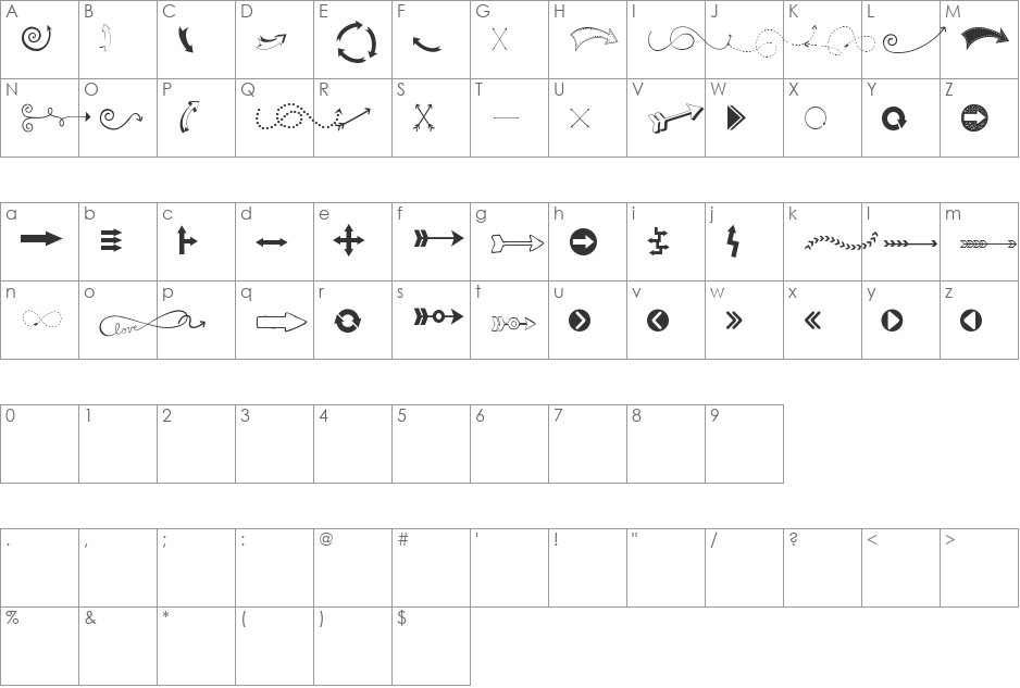 KG Arrows font character map preview