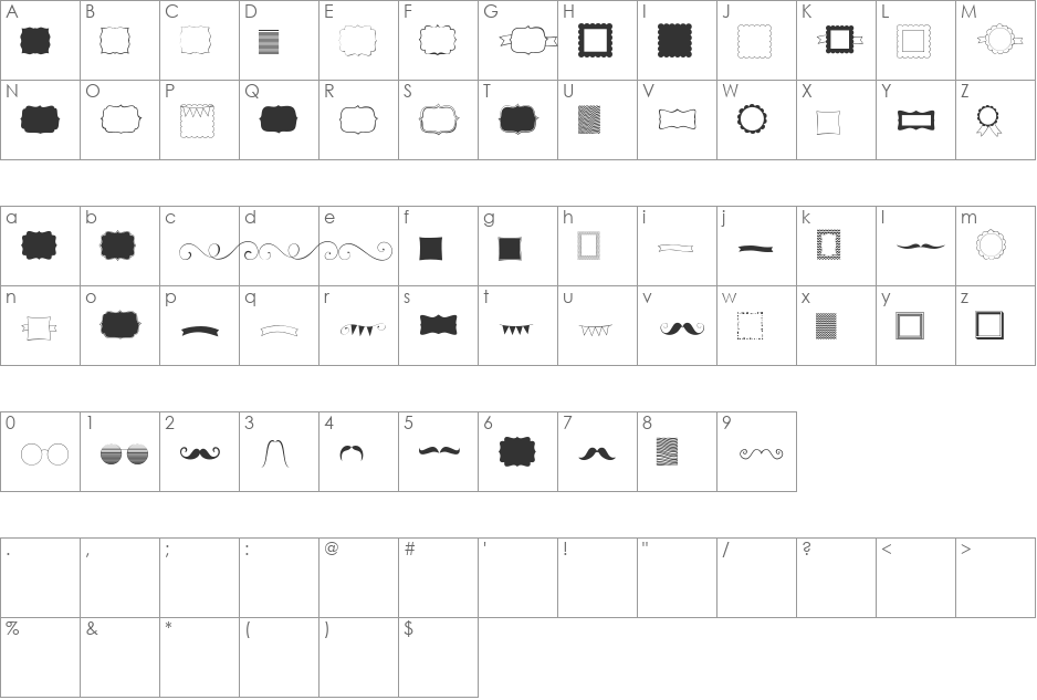 KG Flavor and Frames font character map preview