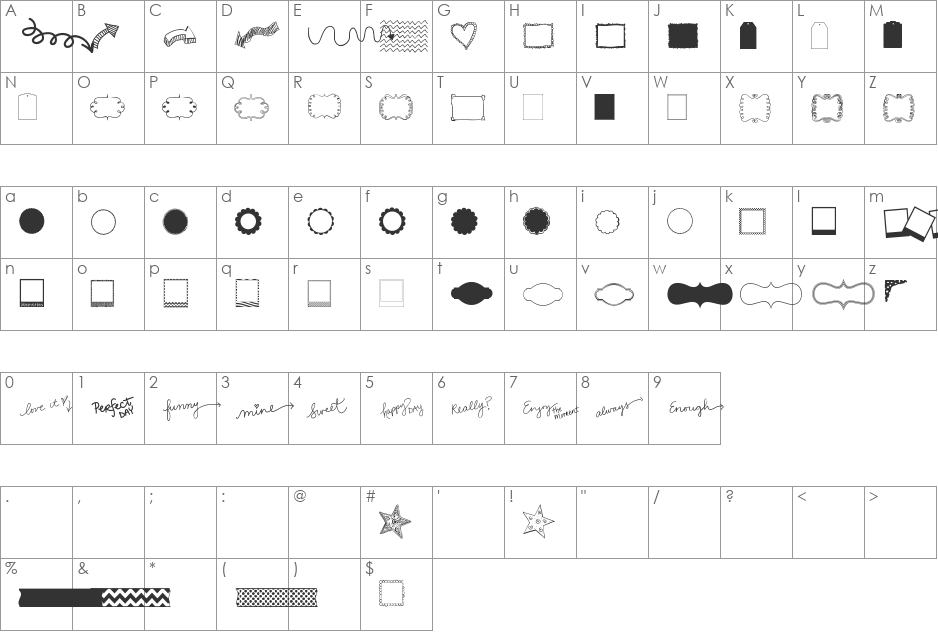 KG Flavor and Frames Three font character map preview