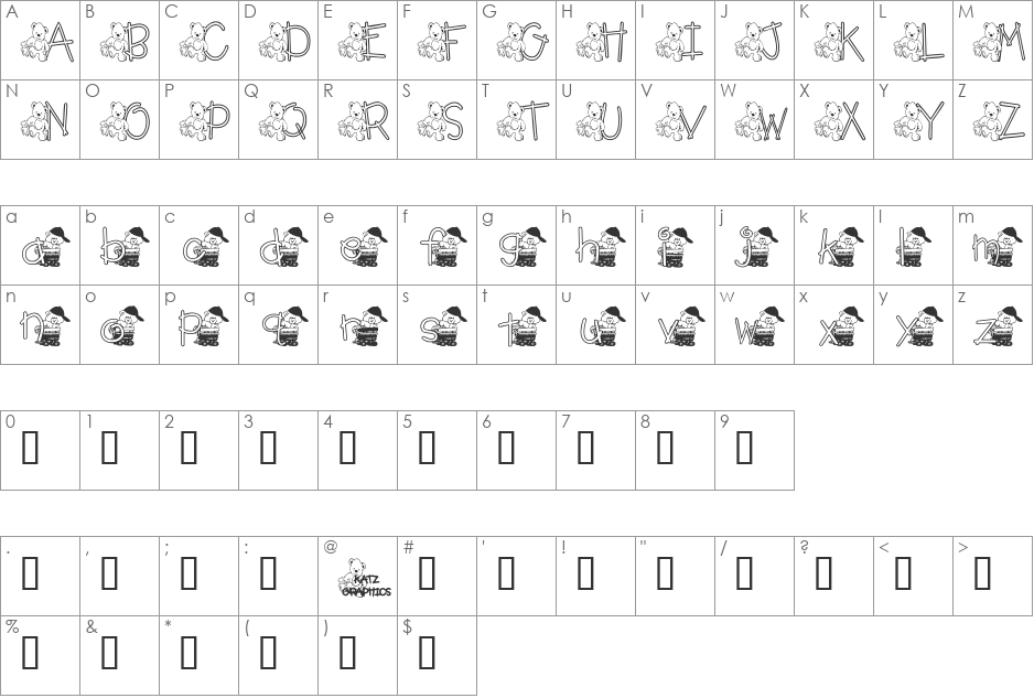 KG TEDDY FRIENDS font character map preview