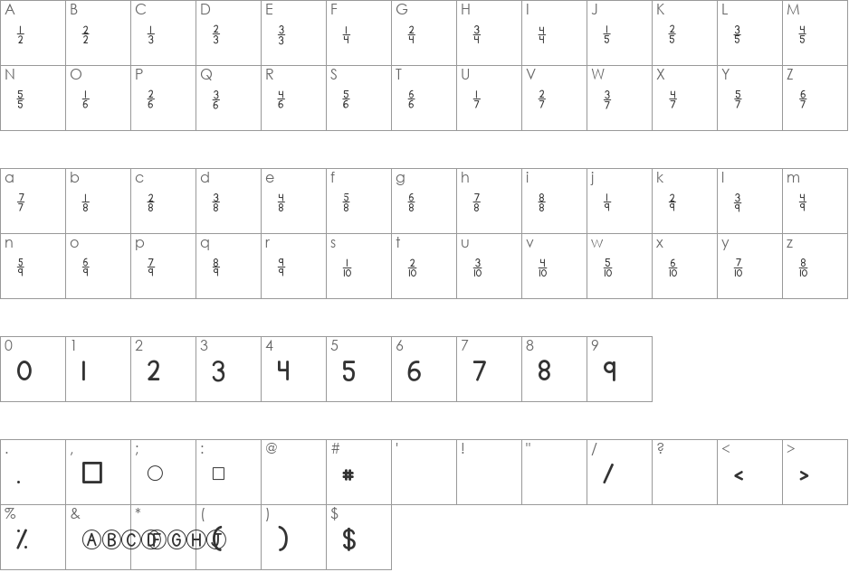 KG Traditional Fractions 2 font character map preview