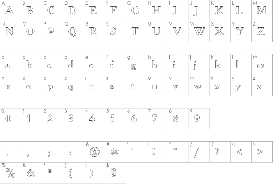 AcademyOutline font character map preview