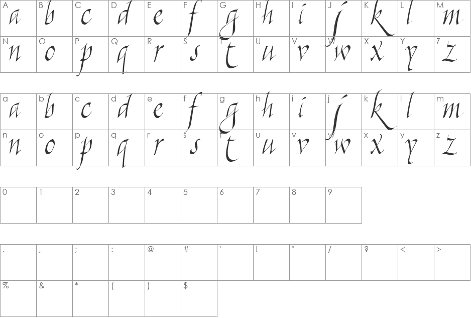 Killigraphy font character map preview