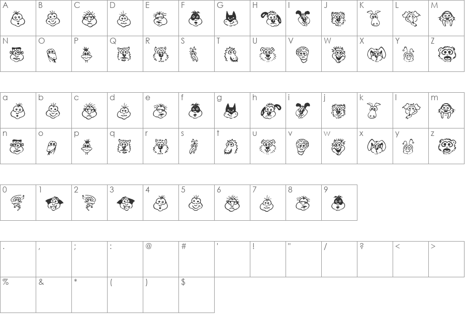 Kims Toons font character map preview