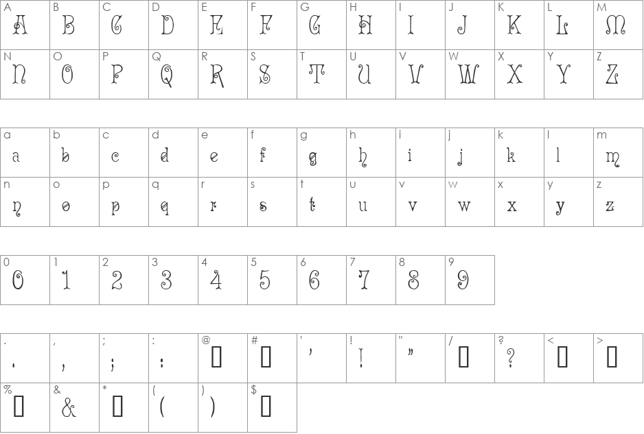 Acadian font character map preview