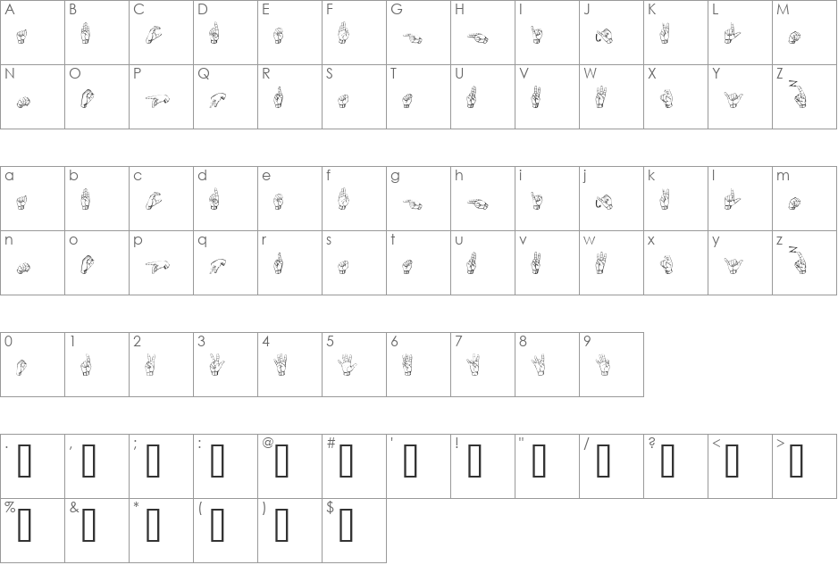 ASLSSK font character map preview