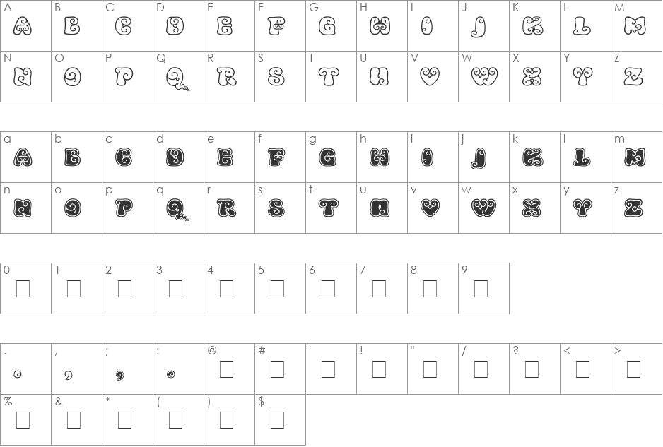 Kingthings Kurllie font character map preview