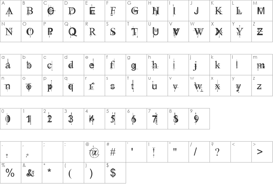 Kingthings Pique'n'meex font character map preview