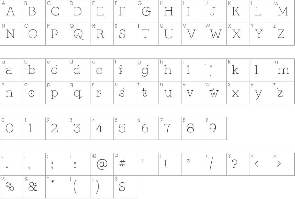 Kingthings Serifique Ultralight font character map preview