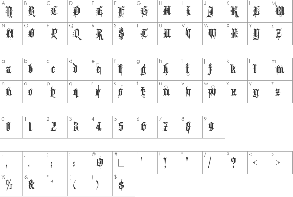 Kingthings Spike font character map preview