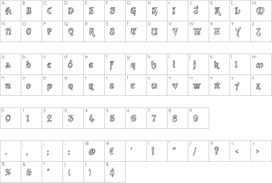 Kingthings Xander Outline font character map preview