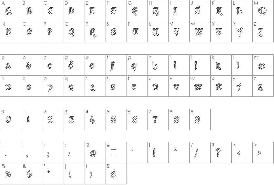 Kingthings Xander Outline font character map preview