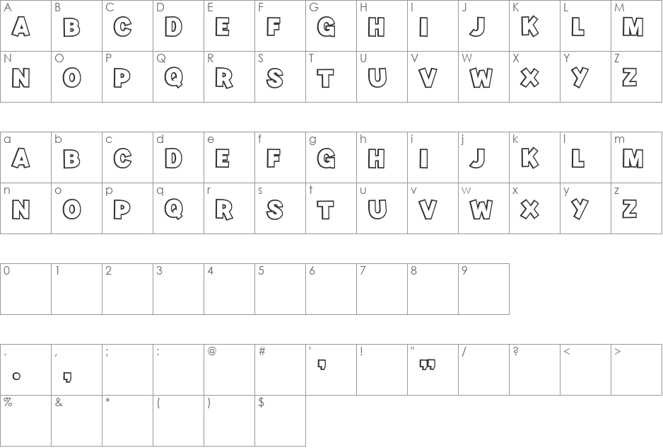 Kiwi Outline font character map preview