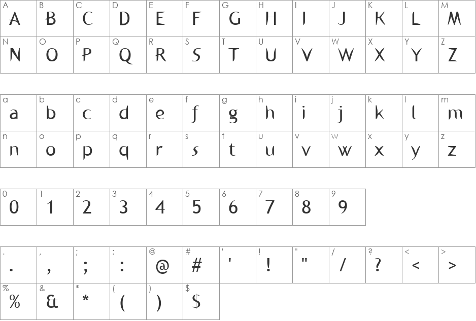 KL1BinAerfabet font character map preview