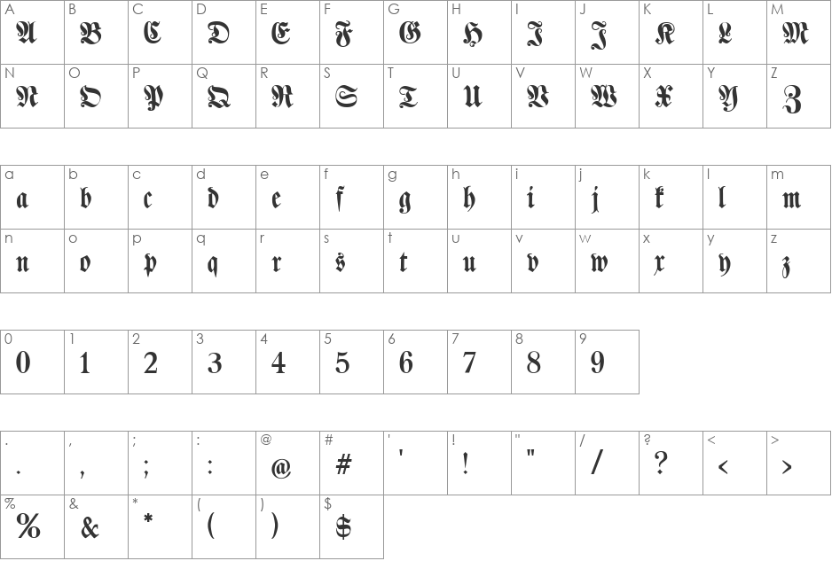 Klaber Fraktur font character map preview
