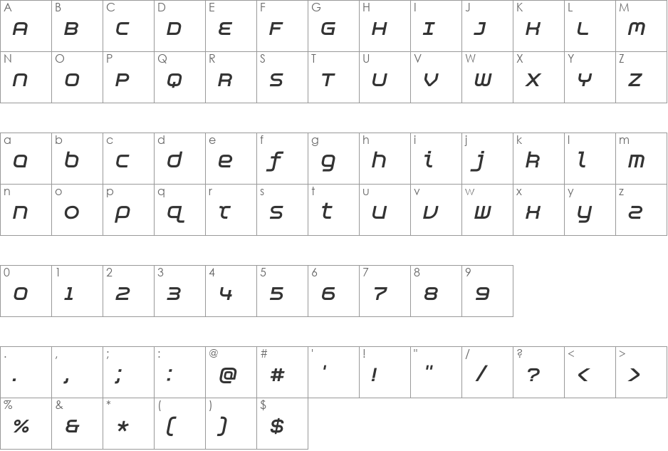 Aspirin AdvanceItalic font character map preview