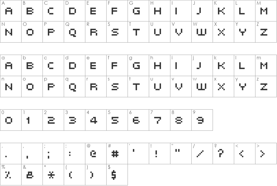 KLMN PixF03 font character map preview
