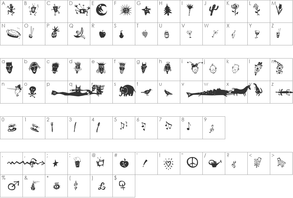 KlunderScript Kreatures font character map preview