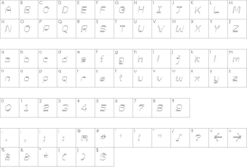 KneeonLight Italic font character map preview