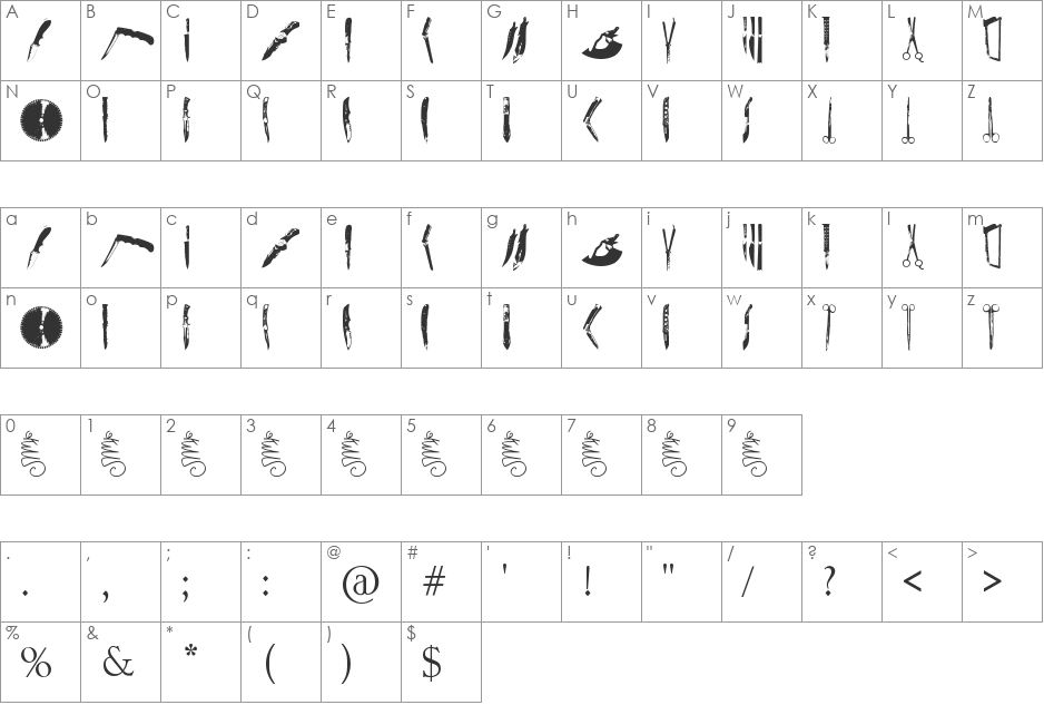 Knives font character map preview