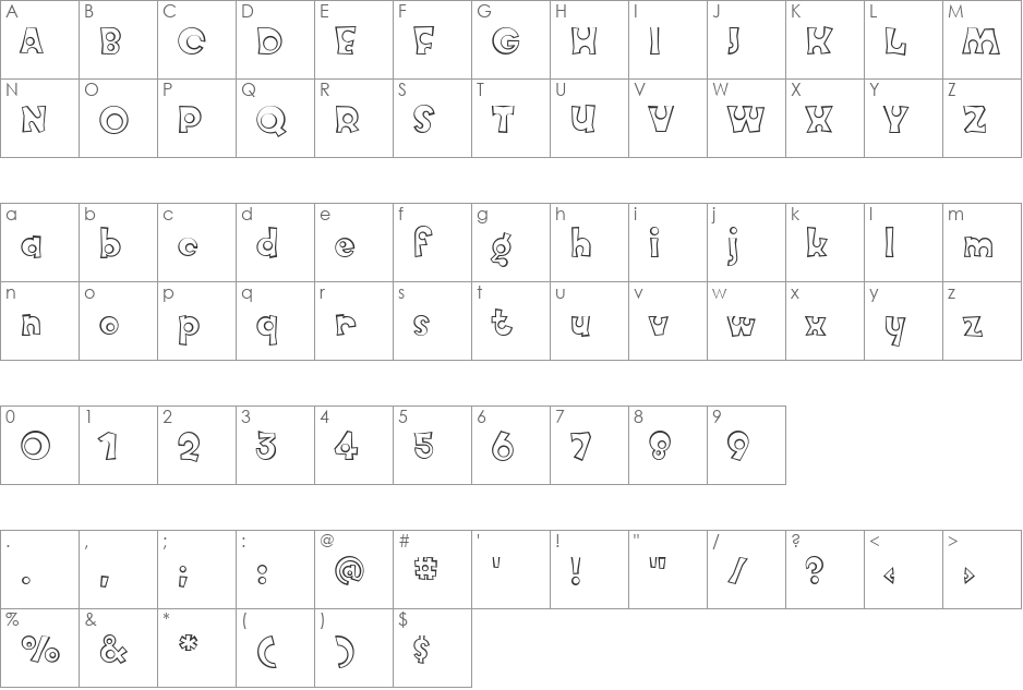 Knobcheese Outline font character map preview