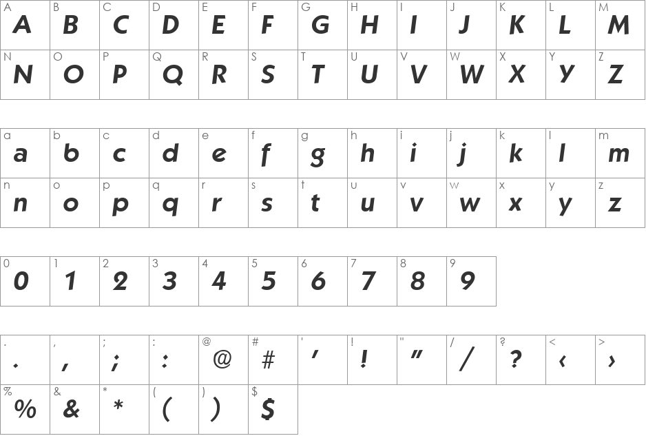 Koblenz-DemiBoldIta font character map preview