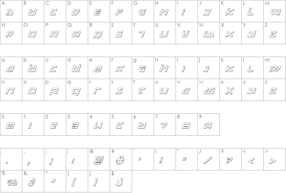 Kobold 3D Italic font character map preview