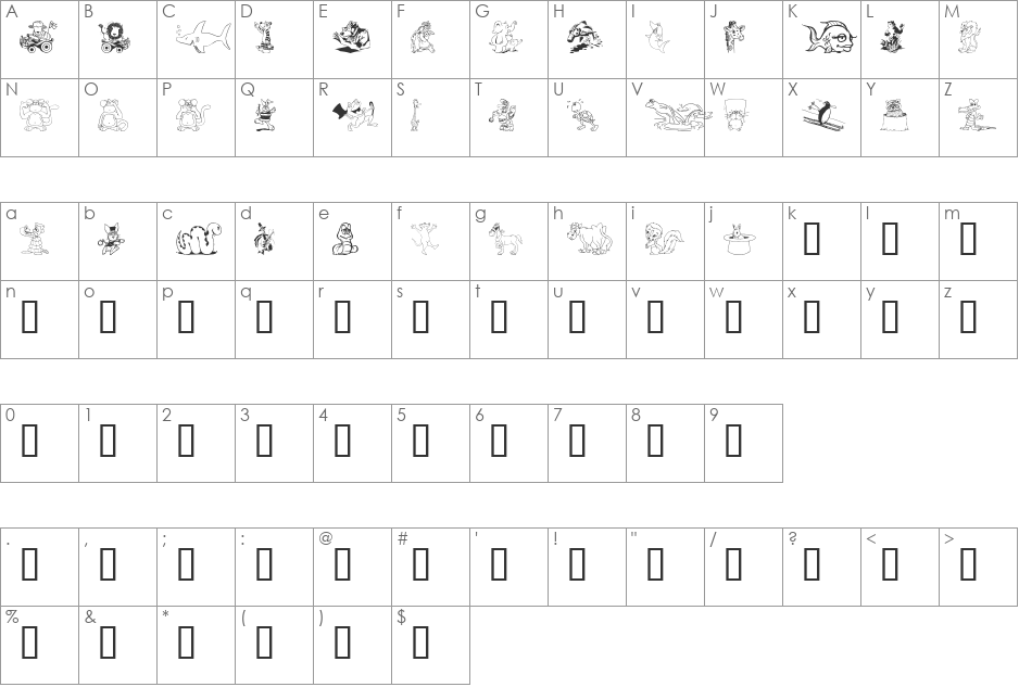 Komedy Kritters font character map preview