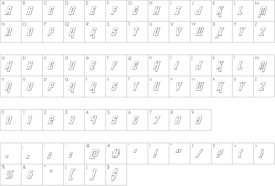 Kondor 3D Italic font character map preview