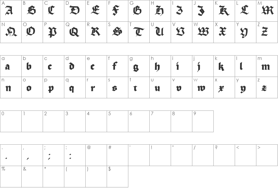 Korger Gothic font character map preview