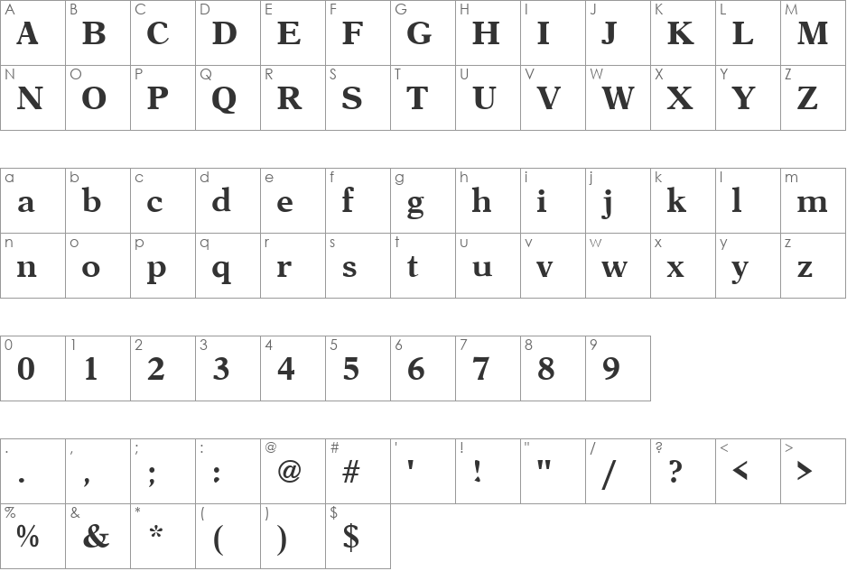 Aster font character map preview