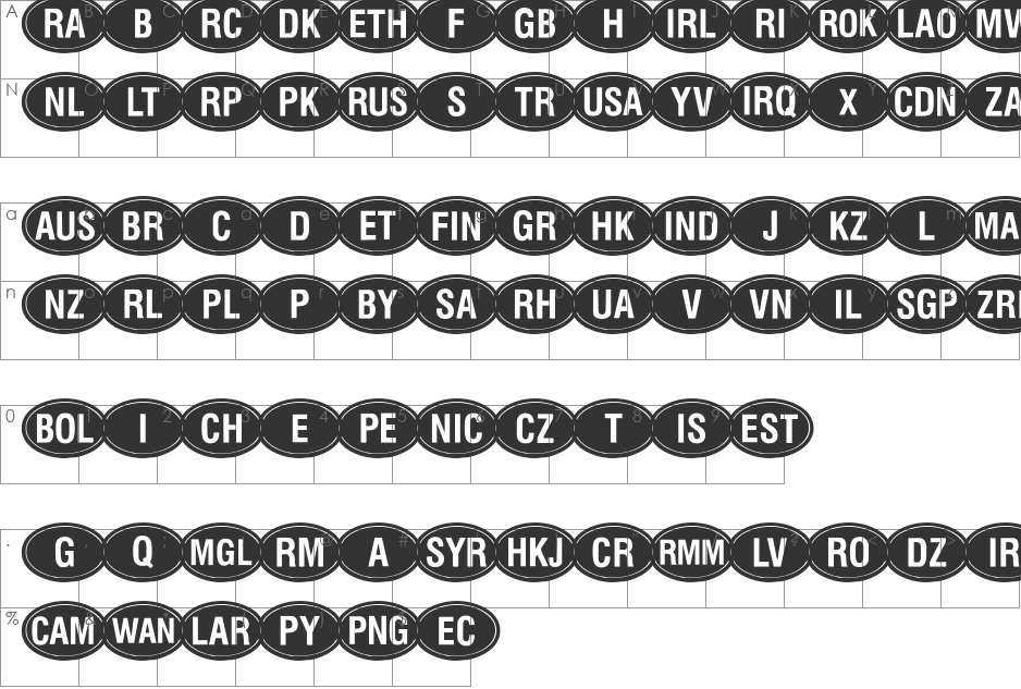Kountry Kodes font character map preview