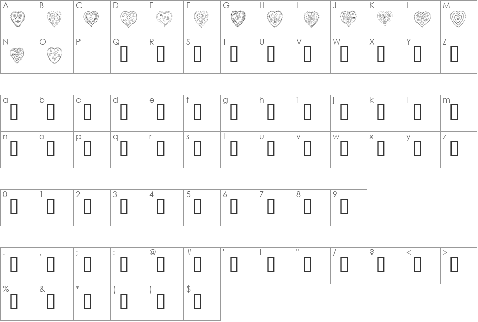 KR All Heart font character map preview