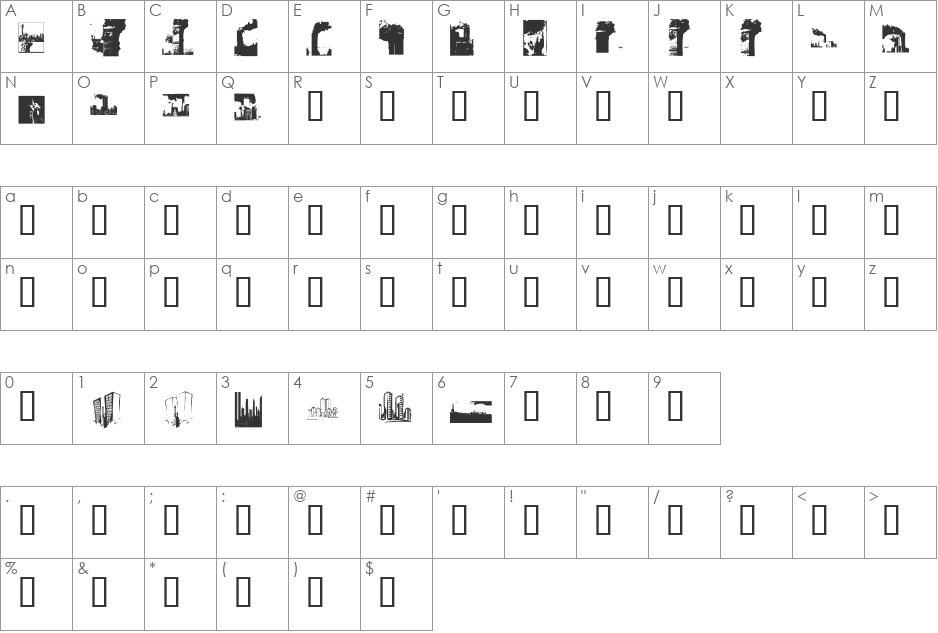 KR America Under Attack font character map preview