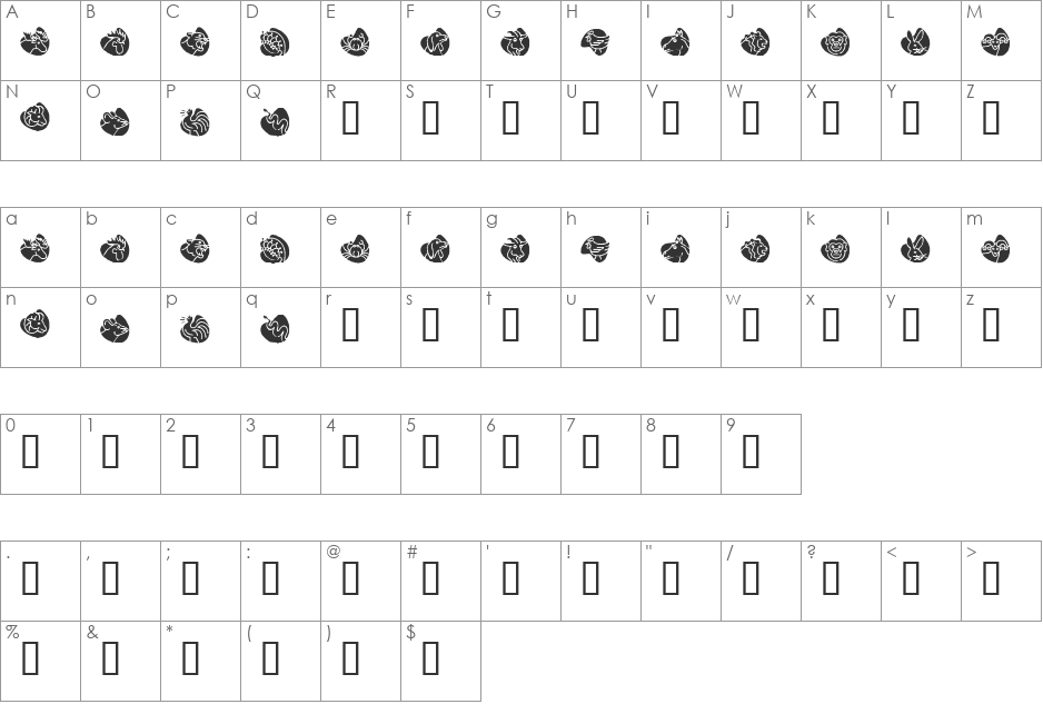 KR Animal Dings font character map preview