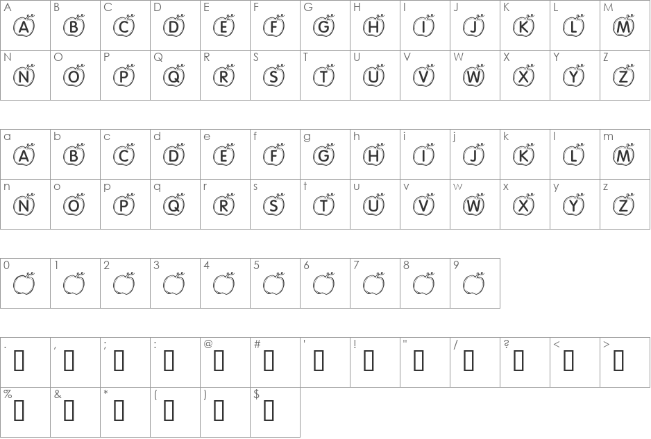 KR Apple font character map preview