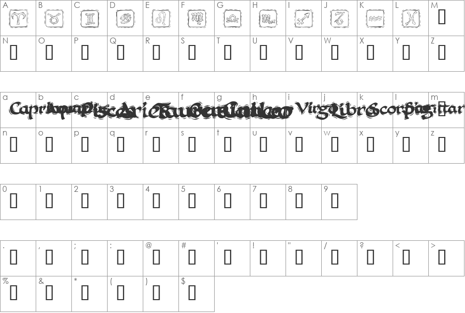 KR Astro 1 font character map preview